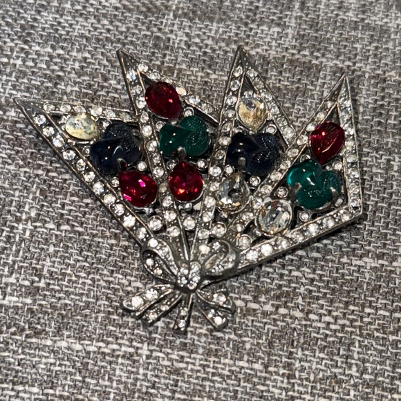 Vintage Silver Brooch with Red and Green Accents - Picture 1 of 8